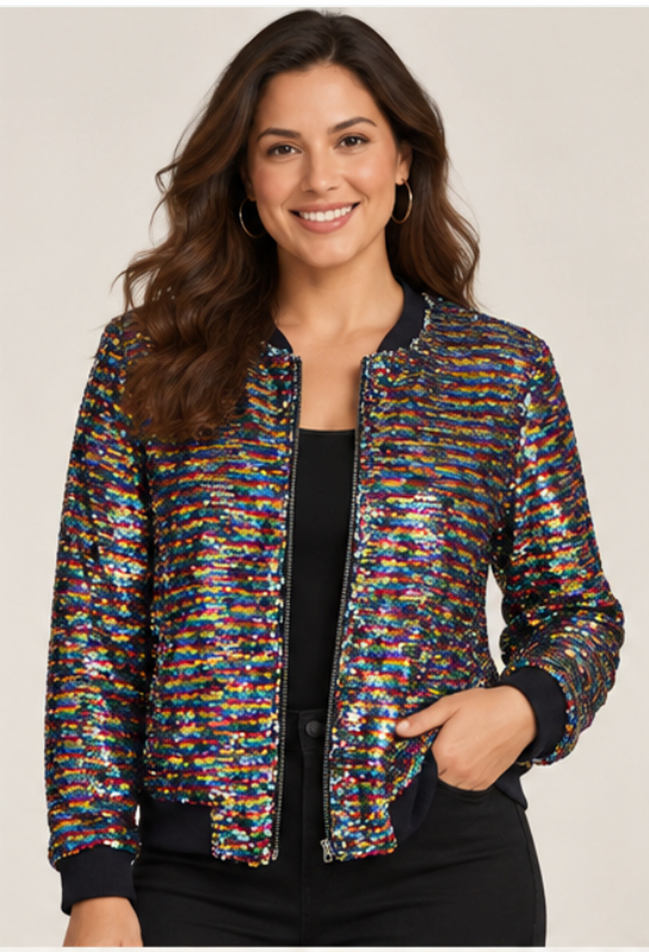NEW THE PYRAMID COLLECTION RAINBOW SEQUINED BOMBER JACKET SZ M